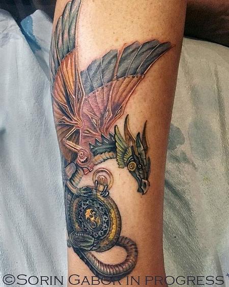 Sorin Gabor - color realistic stampunk dragon coverup tattoo on calf